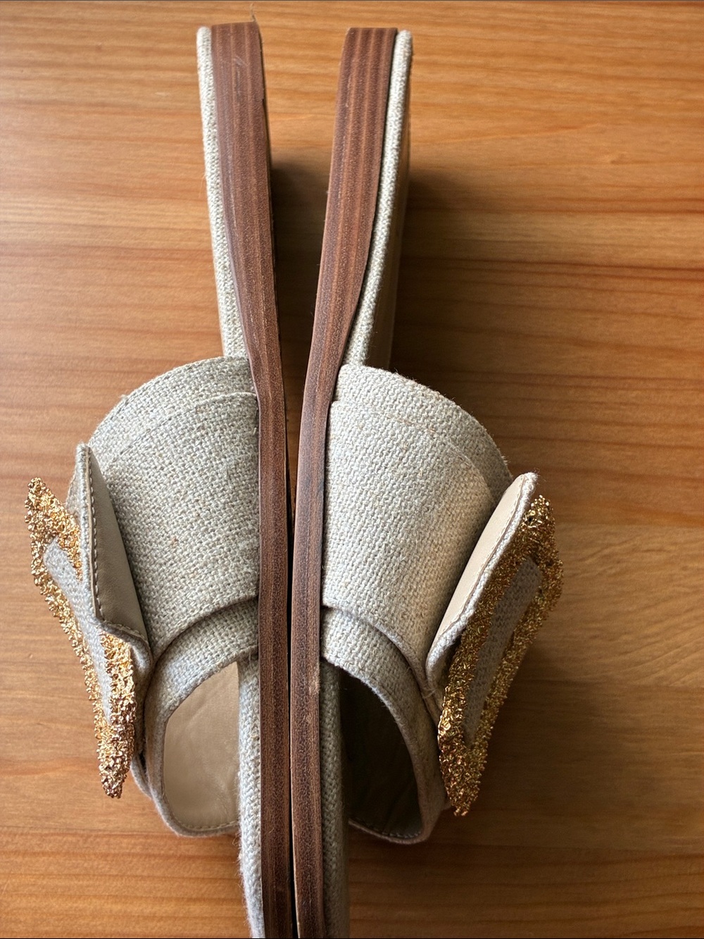 Neutral Beige Slide Mules with Gold Buckle - Picture 9 of 12